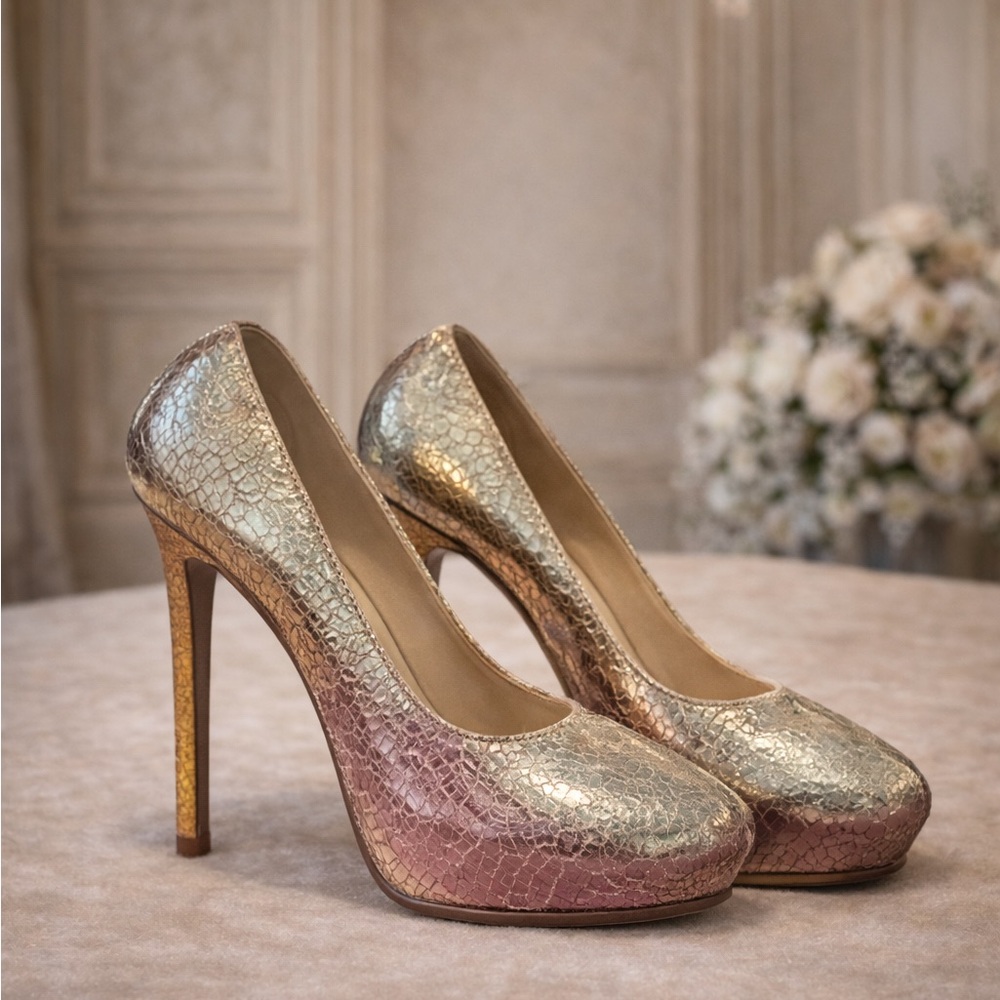 Saint Laurent YSL Gold‎ Metallic Cracked Leather Pointed Toe Pumps, 38/8 - Picture 6 of 10